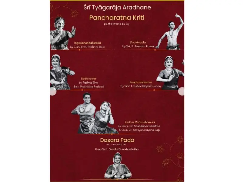 Event poster for Sri Tyagaraja Aradhane featuring Pancharatna Kriti performances, with images of Bharatanatyam artists including Padmini Ravi, Praveen Kumar, Prathibha Prahlad, Lakshmi Gopalaswamy, Soundarya Srivatsa, and Sathyanarayana Raju listed with their respective pieces.