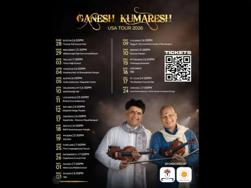 Promotional poster for Ganesh Kumaresh USA Tour 2026 featuring a full tour schedule across multiple U.S. cities, a QR code for tickets, and a portrait of Ganesh and Kumaresh holding violins against a dark background.