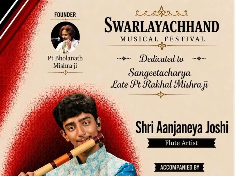 Swarlayachhand Musical Festival 2026 poster featuring flute artist Shri Aanjaneya Joshi with tabla accompaniment by Shri Ruddraksh Srivastava at Muktdhara Auditorium, New Delhi.