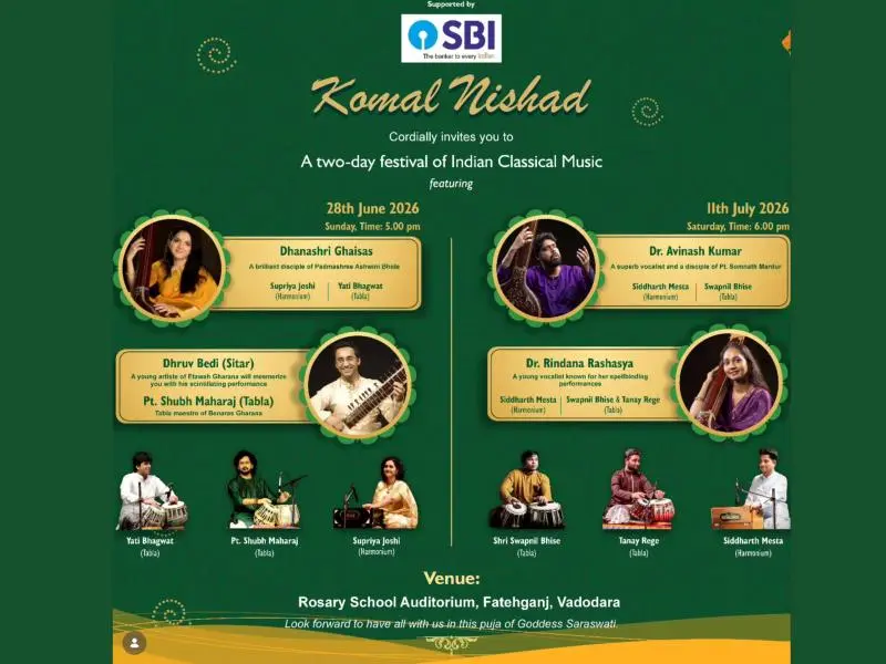 Komal Nishad Indian Classical Music Festival 2026 featuring Dhanashri Ghaisas, Dhruv Bedi and Pt. Shubh Maharaj in Vadodara